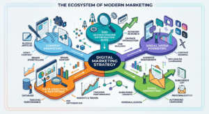 Digital marketing illustration showing SEO, social media, email marketing, analytics, and content marketing.