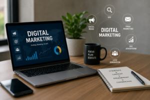What is digital marketing? A modern workspace showing SEO, social media marketing, email marketing, lead generation, and digital marketing strategy