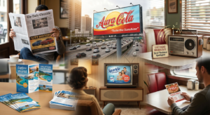 Traditional marketing examples including newspaper, billboard, radio, television, and brochure advertising.